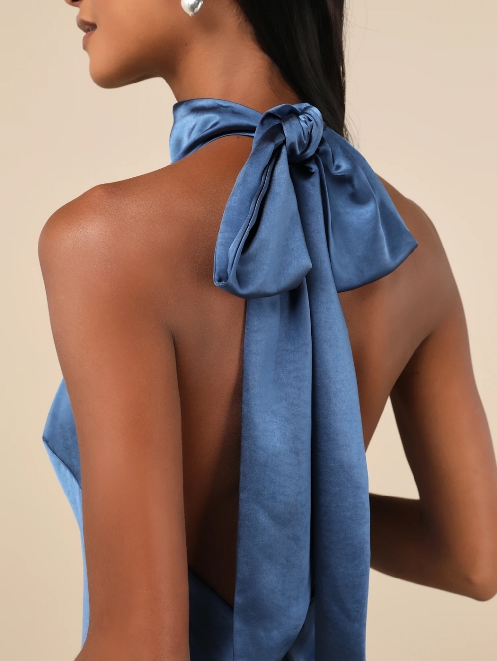 Lulus Exceptional Status Satin Halter Backless Blue Slip Midi Dress Sz Small NWT - Picture 2 of 14